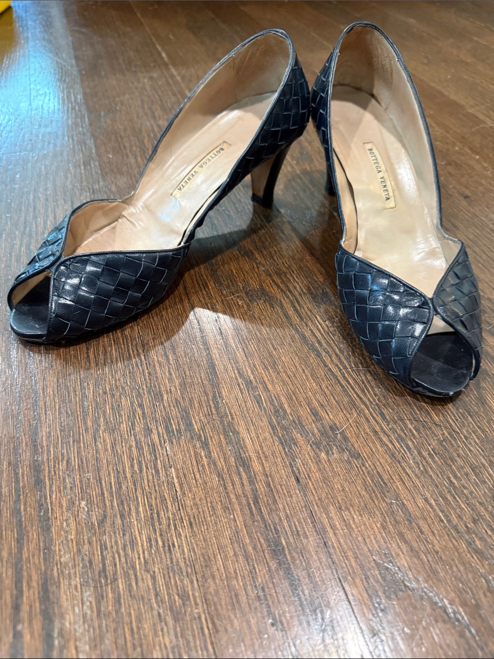 Bottega Veneta Black Woven Leather Peep-Toe Pumps